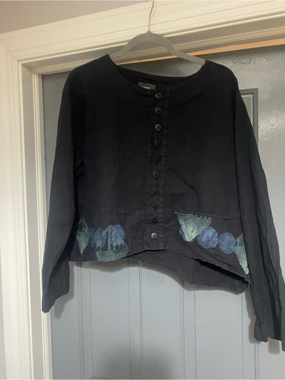 Blue Fish Black Button-Front Jacket with Blue-Green Leaf Motif